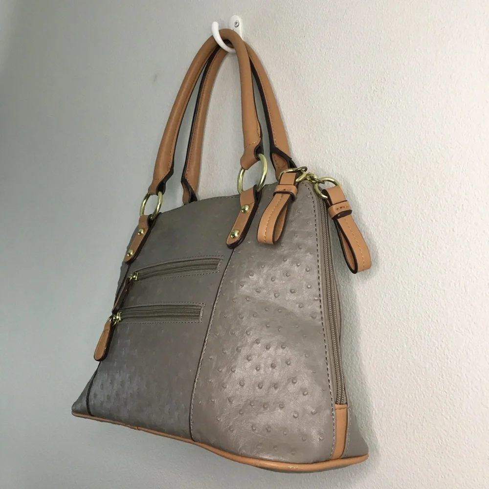 Taupe Ostrich & Tan Faux Leather Handbag